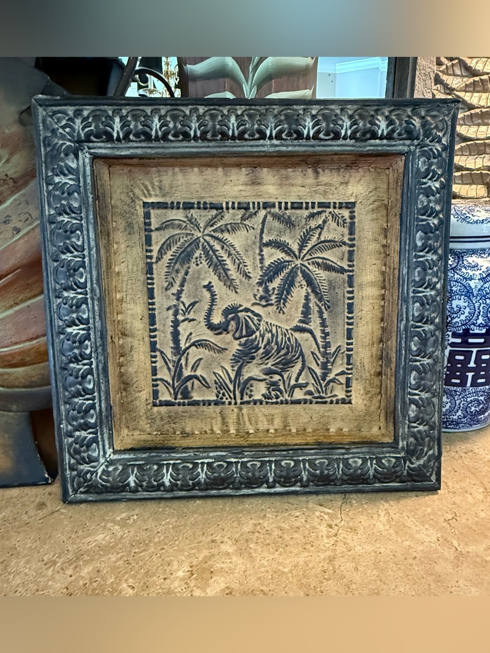 Vintage Style Embossed Metal Elephant Framed Wall Art